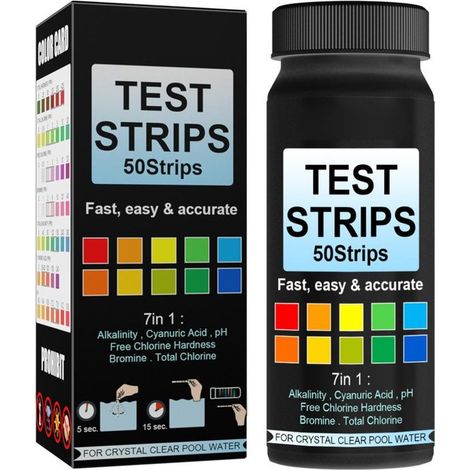 Papier de Test d'eau de piscine 7 en 1, 50 bandes de qualité pour tester le PH, le chlore, le brome, l'acidité, le cyanure (1/5)
