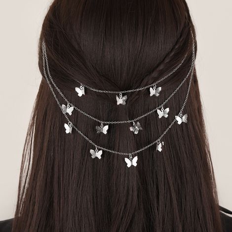 Punk-Haarschmuck-Halskette – Retro-Haarspange mit Metall-Schmetterling – mehrlagiger Schmetterling – silberfarben