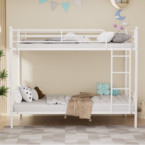 Letto a castello in metallo 90x190 cm bianco con scala e ringhiera alta OKWISH (1/5)