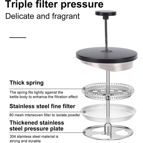 Cafetière French Press 350ml 304 Inox Double Paroi Isotherme – Maker Pot Triple Filtration Infusion Optimale Maison Bureau Camping, Noir (1/5)