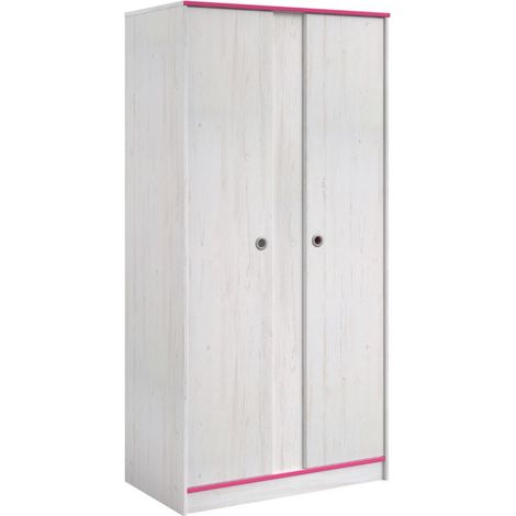 Armoire 2 portes aspect bois blanchi avec chants roses en façade - MISYLIA (1/5)