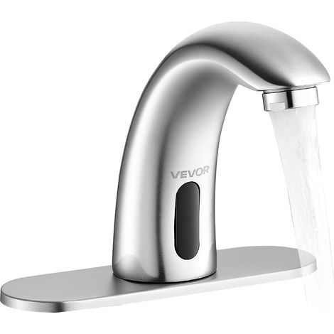 Robinet Automatique sans Contact, Mitigeur Lavabo à Capteur de Mouvement, Mélangeur d’Eau Chaude et Froide Température Réglable, pour Tuyau 9,5 mm, Cuisine Salle de Bain, Nickel Argenté Brossé (1/5)