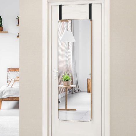 COSTWAY Wandspiegel Türspiegel, Haengespiegel Ganzkoerperspiegel mit Bambusrahmen & abgerundeten Ecken, Moderner haengender Schminkspiegel mit 2 Haken für Flur Wohnzimmer Bad 100cm x 35cm (1/5)