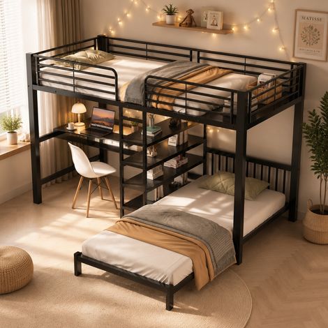 Lit mezzanine 90x200 avec Bureau et Lit Bas, Lit Superposé Métal Noir, Prise USB/Type-C, Étagères de Rangement, pour Enfant Ados, Certifié EN747 (1/5)