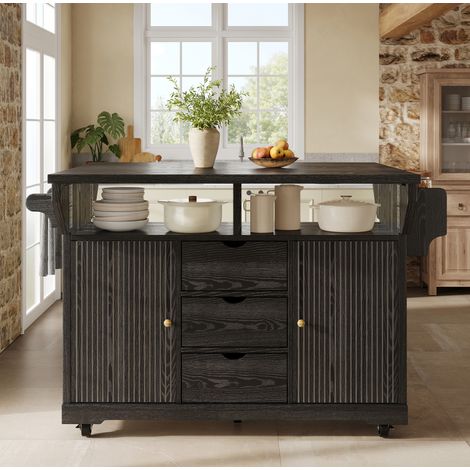 Carrito de cocina 142,5x80x95 cm de MDF y metal negro, extensible FloraGrace (1/5)