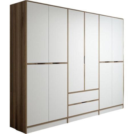 Armario Grande Gaspard, Ropero Dormitorio 5 Estantes, Perchero, 2 Cajones, 277x208h cm Blanco y nogal\ y nogal\