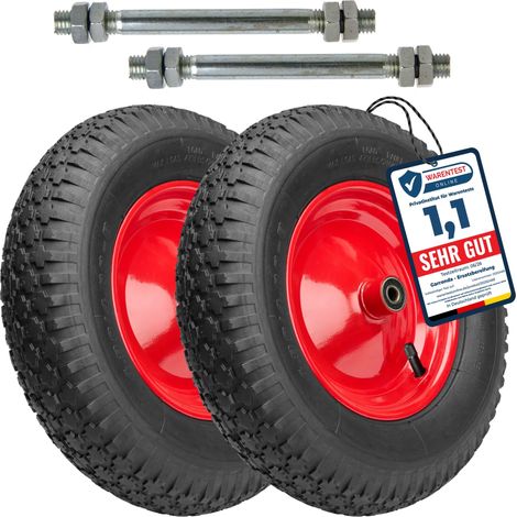 Garronda Roue de brouette 4.80/4.00-8 2PR Ø390x95mm, avec axe, doubles roulements, jante acier, valve auto, moyeu 97mm alésage 12mm, Lot de 2, GD-0163, Noir-Rouge (1/5)