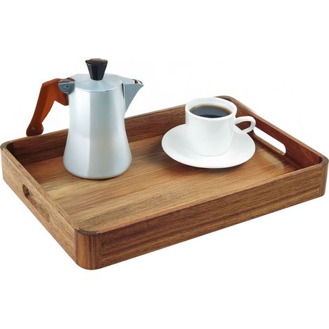 Relaxdays serving tray, acacia wood & MDF, HxWxD: 5 x 38.5 x 28.5 cm, tray with handles, high sides, natural