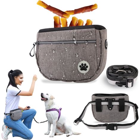 Borsa per snack per cani - con fibbia - borsa per addestramento e terapia per animali domestici - con tracolla, adatta per passeggiate / tessuto Oxford / doppio scomparto (grigio) (1/3)