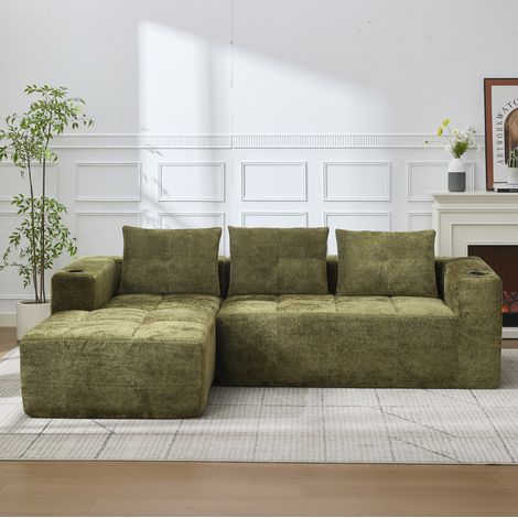 Canapé d'angle 258xx cm vert en chenille rembourré avec porte-gobelets (1/5)