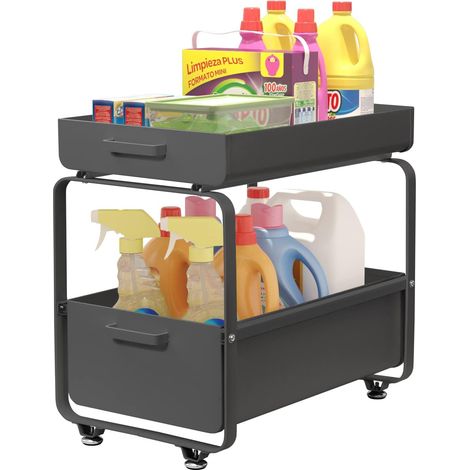 Étagère de Rangement Sous évier, Organisateur de Cuisine à 2 Niveaux Rangement Sous évier, Coulissant Organiseur pour Cuisine Armoire Salle de Bain, Acier au carbone (Noir)