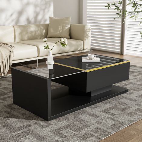 DESMIU Table basse avec niche de rangement et étagères ouvertes, LED 16 couleurs, pour salon, noir, 100 × 50 × 32,5 cm (1/5)