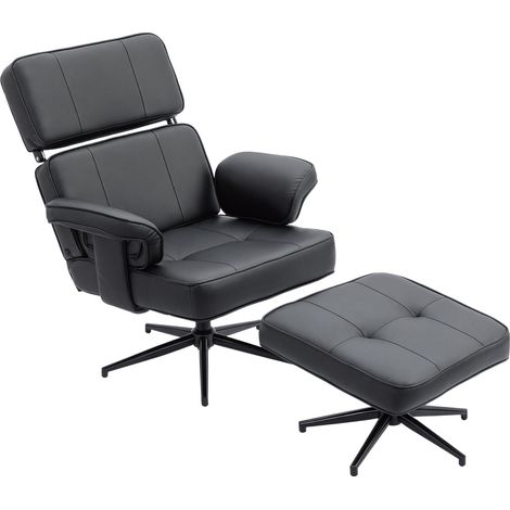 Fauteuil inclinable réglable avec repose-pieds, revêtement en similicuir, appui-tête réglable en hauteur, piètement en métal, noir (1/5)