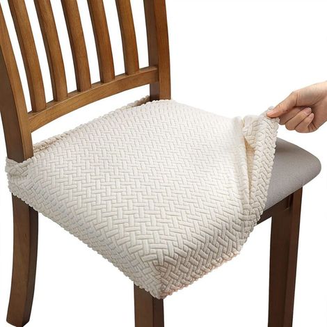 Housse de chaise de salle à manger extensible en jacquard, 4 pièces, amovible et lavable, avec sangles de dossier, beige