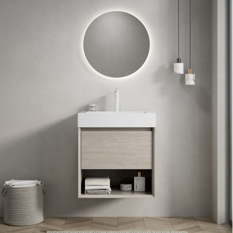 Mobile bagno lavabo, lavabo in resina bianco, armadio in multistrato effetto rovere chiaro, montato (1/5)