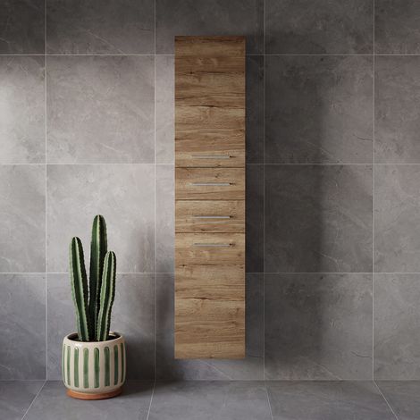 Napoli Tobacco Oak 350mm x 1600mm Wall Mounted Storage Unit - 350mm - Chrome 160mm Handle