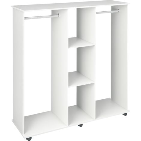 Mobile Double Wardrobe Storage Shelves with 6 Wheels - Versatile Organizer in White for Effortless Clothing Management