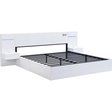 Lit double 180x200 cm blanc en MDF avec USB, horloge, haut-parleur Bluetooth et lumières (1/5)