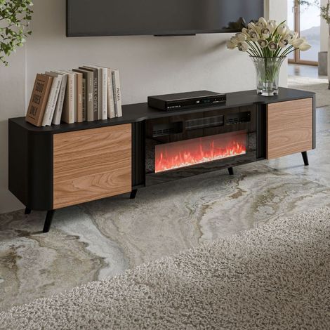 Meuble TV 200cm - noir et bois - cheminée lumineuse et chauffante - Lucky (1/5)