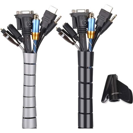 2er-Pack flexibles Kabelmanagement (je 3m, PE), 2,2cm+1,6cm, Schwarz/Grau, Organizer zum Aufbewahren/Verstecken von Kabeln