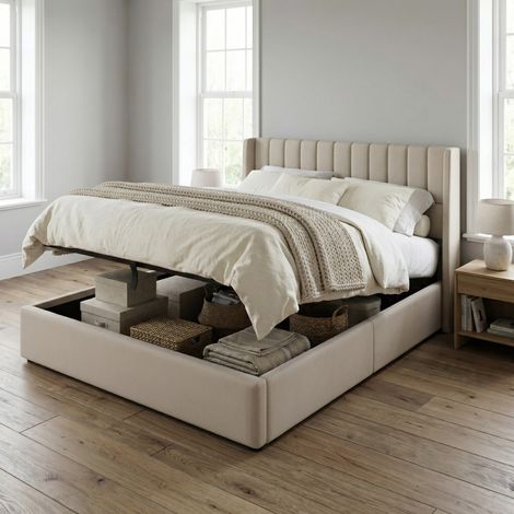 Letto contenitore 160x200, letto matrimoniale capitonné con testiera imbottita, letto per adulti con rete sollevabile a apertura idraulica, lino, stile moderno scandinavo(160x200, Beige)