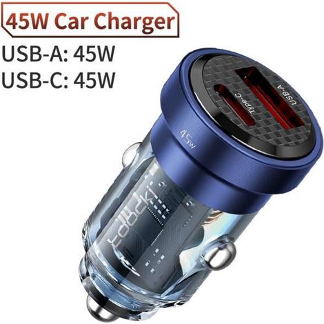Chargeur voiture USB-C 45 W, charge rapide PD/QC3.0/SCP, compatible smartphones et tablettes, fixation pour véhicule, 1 unité