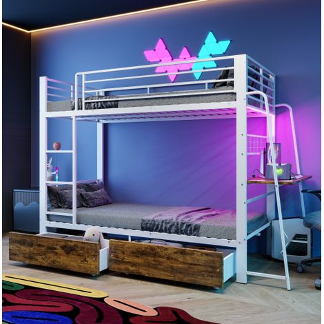 Letto a castello bianco 90x200 cm con scrivania, illuminazione a LED e cassetto contenitore, certificato EN747, portata massima 250 kg per letto. (1/5)