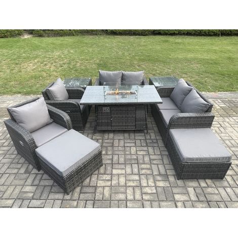 Fimous 8-Sitzer Rattan Gartenmöbel Set Outdoor Propan Gas Feuergrube Tisch und Sofa Stuhl set mit 2 Beistelltische 2 Big Foothocker (1/5)