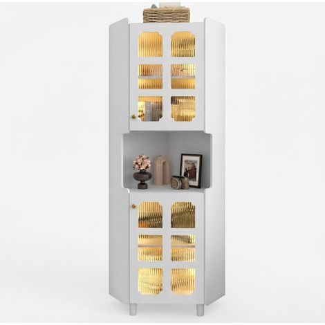 ELVMI Eckschrank mit 2 Schränken und 1 Offenem Regal, LED-Beleuchtung per App, Wohnzimmer, MDF Weiß (1/5)