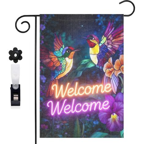 Drapeau de jardin colibris et composition florale 30 x 45 cm décoration porche et entrée (1/5)