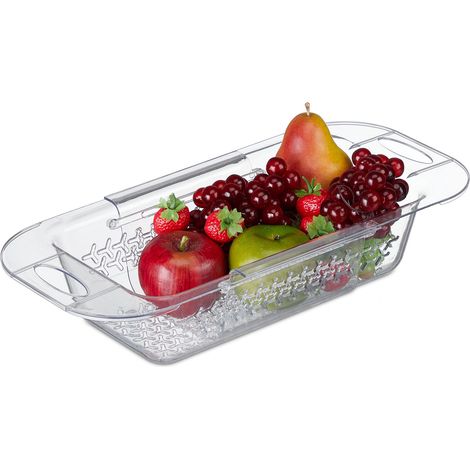 Relaxdays Vaschetta Scolapasta per Lavandino, Allungabile da 43,5-57 cm, da Appendere per Lavello, Plastica, Trasparente