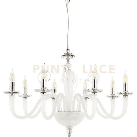 LAMPADARIO DEBUSSY 8 LUCI BIANCO SATINATO CROMO ATTACCO E14 D.84CM