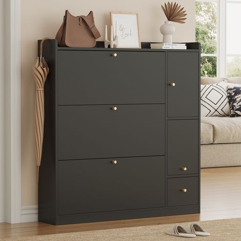 Schuhschrank Schwarz - 3 Klappen & 3 Schubladen - Flurmöbel mit klappbarer Sitzbank - modernes Design - 119x24x122 cm