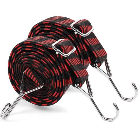 2 corde elastiche regolabili, 3 cm x 2 m, con ganci, piatte, antiscivolo, con ganci antiruggine per bagagli/tende/trasporto carichi/biciclette/motociclette/auto/campeggio (1/5)