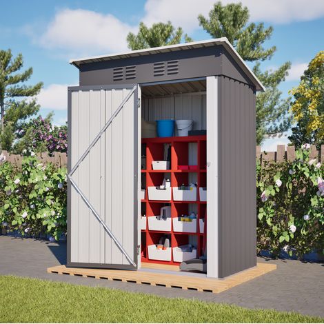 Caseta de jardín con techo plano 140.6x83.6x182 cm, puerta con cerradura, sin ventana, acero galvanizado gris (1/5)
