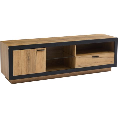 Mueble TV LED 160x40x50 cm de aglomerado y vidrio templado negro y roble (1/5)