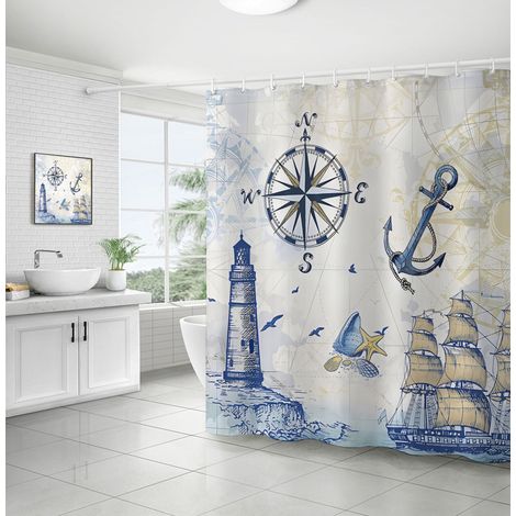 Nautical Shower Curtain Lighthouse Sailboat Compass Anchor 180 x 180 cm Bath Curtain Polyester Fabric Anti Mold Waterproof Washable Bathroom Curtain