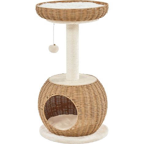 Yaheetech Tiragraffi per Gatti Albero per Gatti in Rattan Intrecciato Trespolo Cuccia per Gatti con Pallina Gioco Altezza 75cm Beige (1/5)