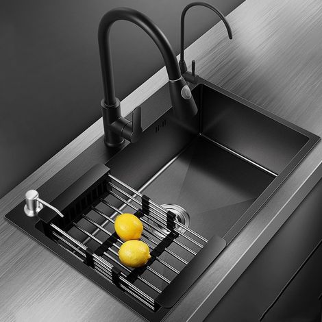 Evier de Cuisine en Acier Inoxydable Évier 1 bac avec 3 Trous de Montage 60 45 cm Evier de Cuisine Kit (Noir) (1/5)