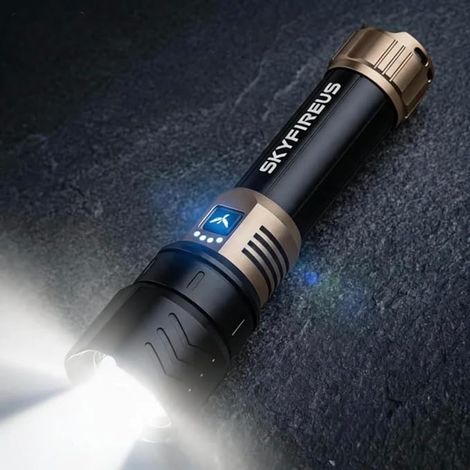 SKYFIRE Ultra leistungsstarke 50000 Lumen LED-Taschenlampe - Einstellbarer Zoom, Zündlinse, 4 Leuchtmodi, Powerbank-Funktion, IPX6 wasserdicht für Outdoor-Einsatz und Camping (Schwarz und Gold) (1/5)