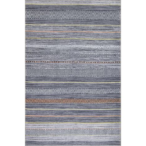 Tapis salon et chambre 115x180 gris et orange rectangle tissé motif ethnique NOBASTA