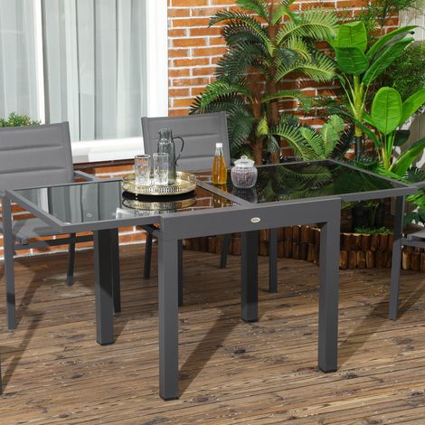 Table de jardin extensible avec plateau en verre et aluminium. 80-160 x 80 x 75 cm. Noire.