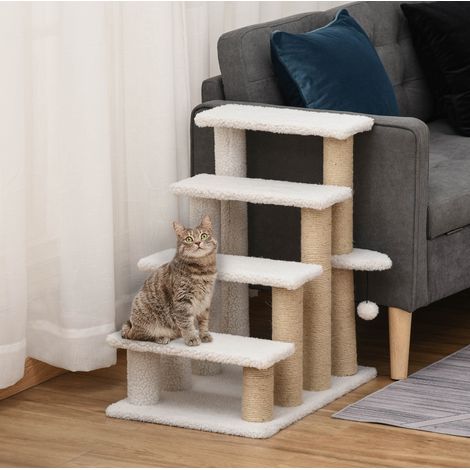 Escalera para gato 60x40x64 cm de contrachapado blanco con rascador para mascotas – MEUBLIV (1/5)