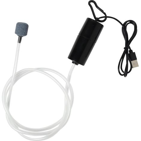 Pompe à air pour aquarium, pompe à oxygène, avec pierre à air et tuyau en silicone, port de chargement USB, pour l'oxygénation de l'aquarium (noire). (1/5)
