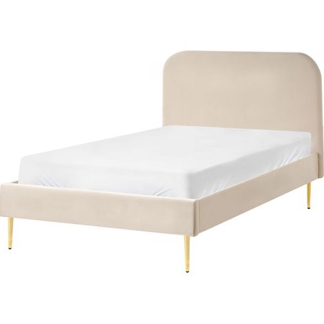 Lit Double Minimaliste en Velours 120 x 200 cm Rembourré Tête de Lit Sommier à Lattes Beige Clair Flayat