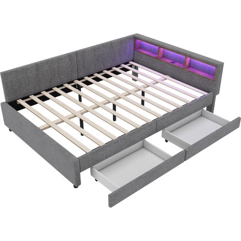 Lit banquette 140x200 cm LED USB-C, 2 tiroirs, rangement, gris (1/5)