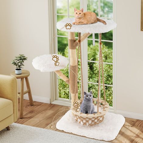 Arbre à Chat avec Balançoire Hamac Branches en Bois Véritable Poteaux à Gratter en Jute 2 Perchoirs Plateforme Centre d'Activité Blanc (1/2)