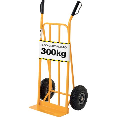 Carrello portapacchi in acciaio con ruote pneumatiche e pedana 35x20 cm portata 300 kg