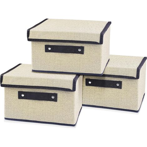 Set of 3 Collapsible Storage Boxes with Lids, 25x19x16 cm, For Clothes, Books, Toys and Socks (White) (1/5)