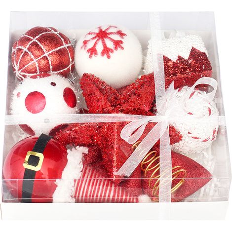 Juego de regalo de 18 adornos navideños rojos y blancos: bolas, adorno para la punta del árbol, lazo y adornos con forma de estalactita. (1/5)
